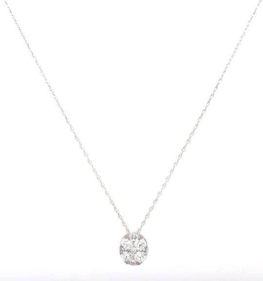 14kt White gold 0.40ctw diamond cluster oval shaped pendant on chain