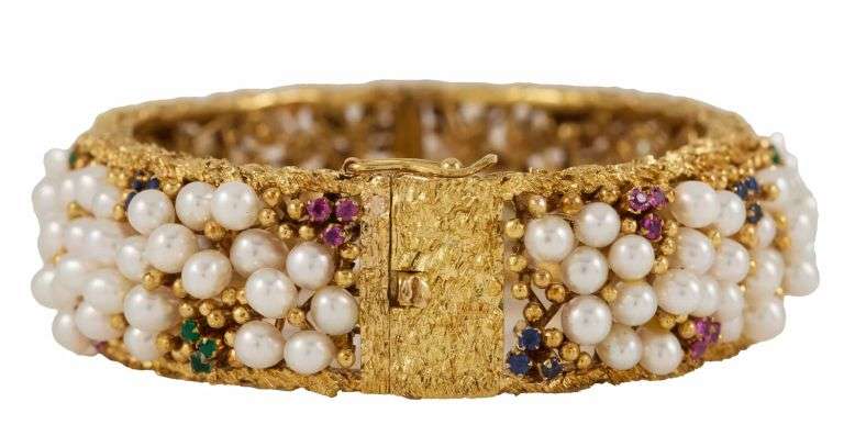 Vintage Pearl and Multi Gemstone Hammered Bangle Bracelet in 12K
