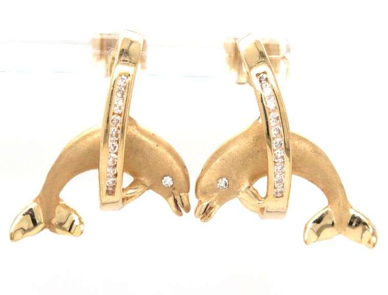 14kt Yellow gold 0.35ctw diamond dolphin jumping through hoop earrings