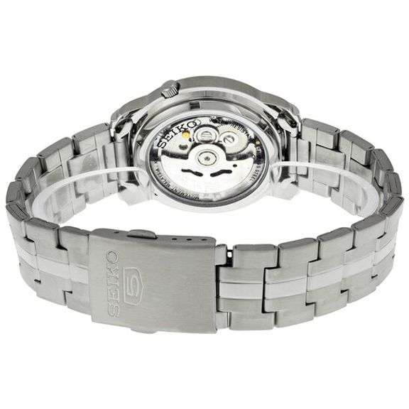 Seiko Men’s Automatic Stainless Steel Watch – Silver Dial, Transparent Case Back, Day-Date Display