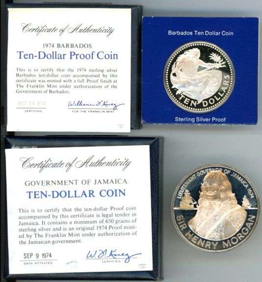 1974 Barbados and Jamaica $10 Silver Coins in Box w/CoA
