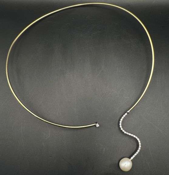 14K YELLOW GOLD DIAMOND PEARL COLLAR CHOKER NECKLACE 1.00CT