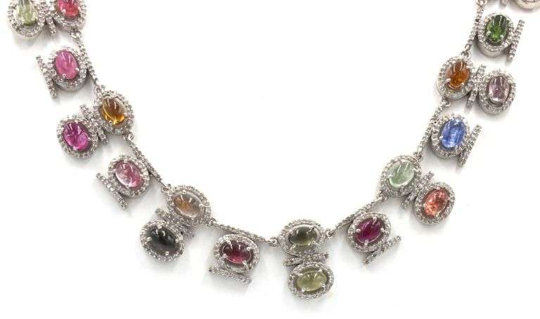 Breathtaking 25.00CTW Oval Cabochon -Cut Multi-Colored Tourmaline & 4.5CTW Diamond Necklace in 14K W