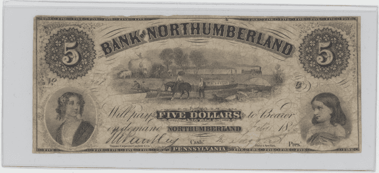 Pennsylvania $5 Farmers & Mechanics Bank Northumberland – Horse Scene Obsolete Note (PA-375 C42)