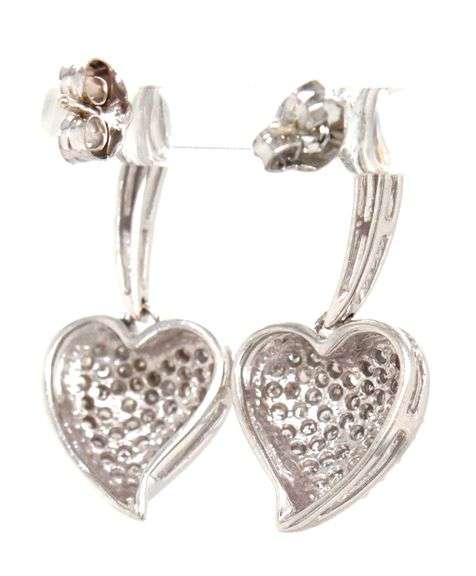 14kt White gold Pave diamond heart dangle earrings