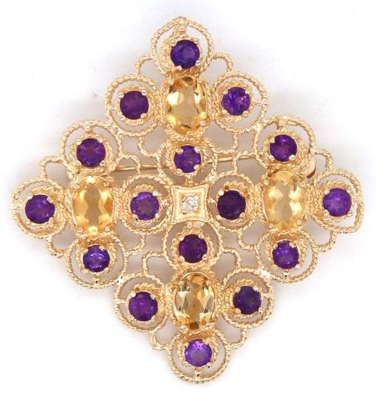 14kt Yellow gold round amethyst and oval citrine and diamond Filigree square brooch