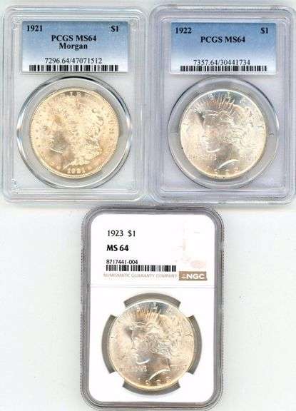 3 Near Gem BU PCGS & NGC MS64 graded Silver Dollars 1921 to 1923