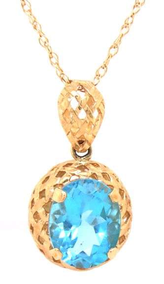 Attractive 14K YG Blue Topaz Pendant on a Necklace