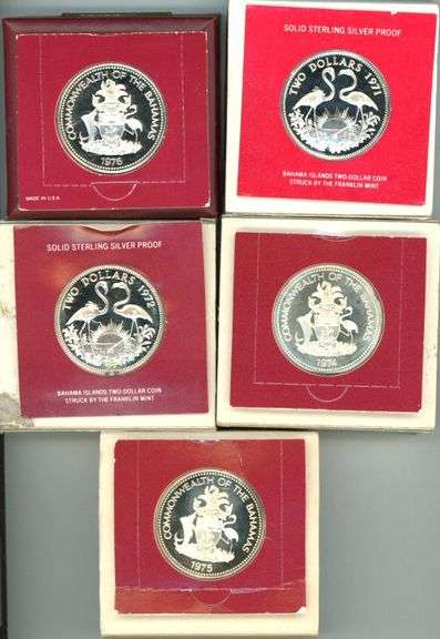 5 Different Bahama $2 Flamingo Silver Coins in Original Packaging