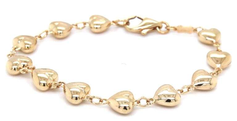14kt Yellow gold puffed heart station link bracelet