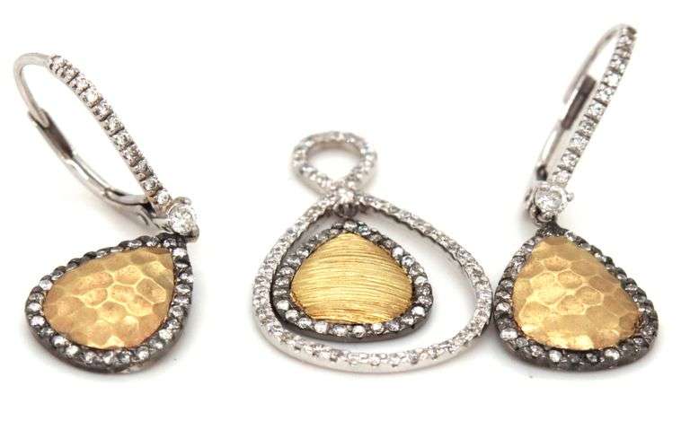 Stylish 14K W&Y Earring & Pendant Suite with Diamonds