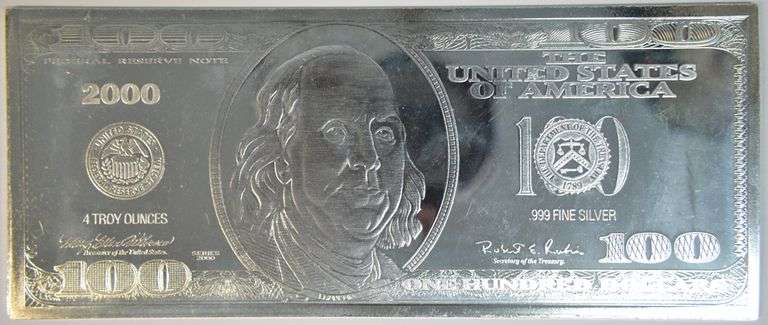 Prooflike Year 2000 $100 Bill Facsimile 4 Troy Oz pure .999 fine Silver