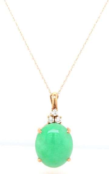 14kt Yellow gold green Jade and diamond pendant on chain