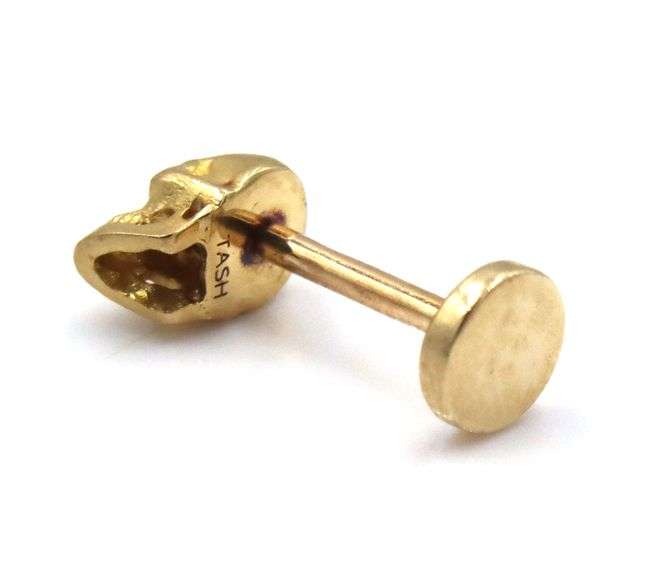 14kt Yellow gold tash black diamond eye matte skull threated stud earring