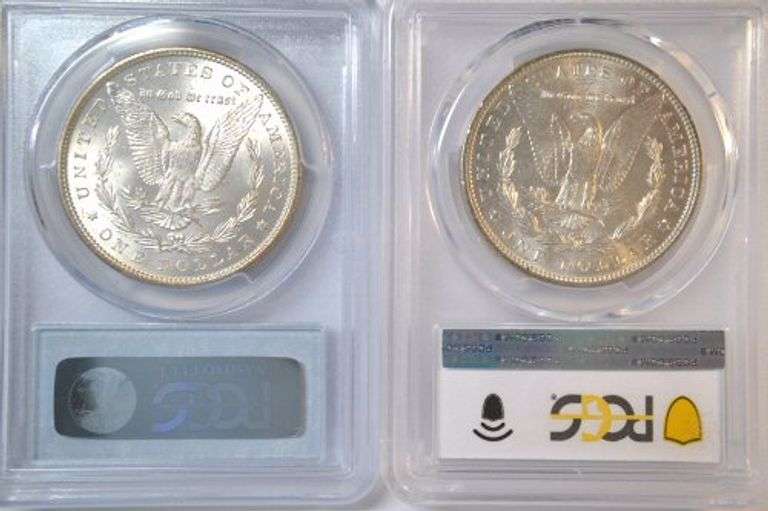 Super white near Gem BU 1885 & 1887 Morgan Silver Dollars. PCGS MS64