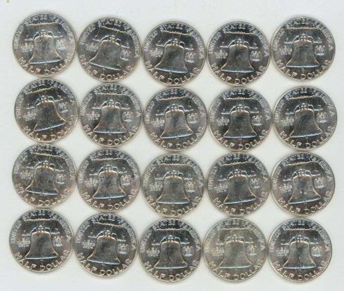 Blazing-white BU Roll of 20 1963 silver Franklin Half Dollars
