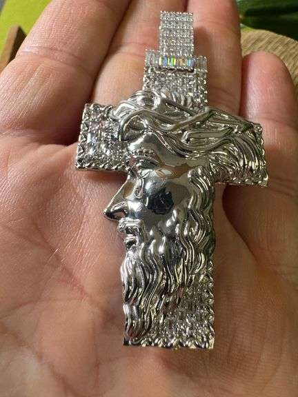 Rhodium Plated 925 Sterling Silver Jesus Christ Cross Baguette CZ Studded Pendant