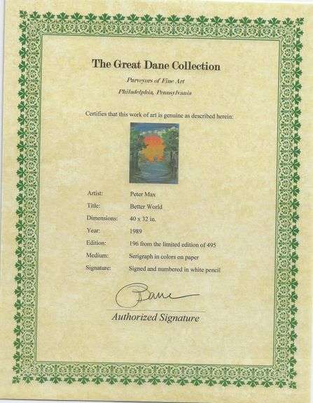 Limited Edition Peter Max 'Better World' Signed Serigraph Framed