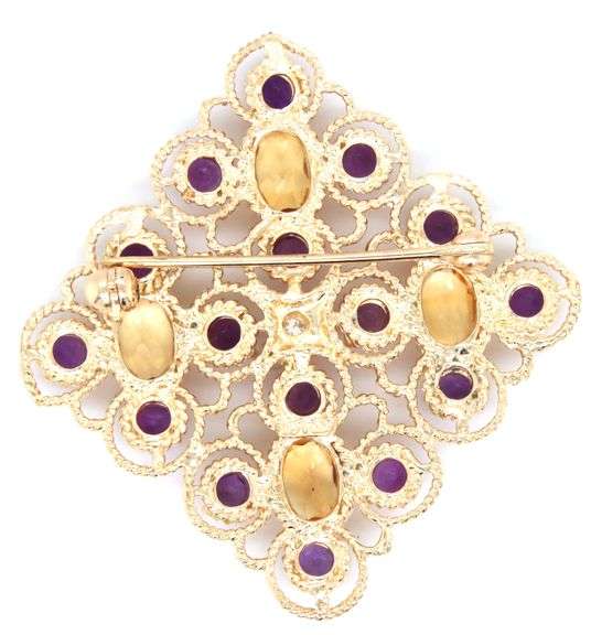 14kt Yellow gold round amethyst and oval citrine and diamond Filigree square brooch