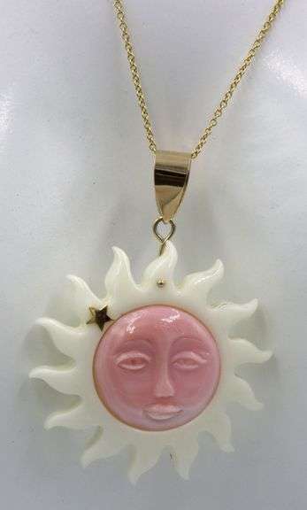 14kt Yellow gold Smiling white and pink sun pendant on chain