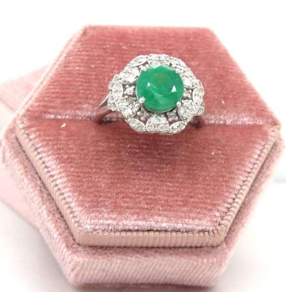 Sparkling 2.70CTS Round Faceted Natural Emerald & 0.88CTW Diamond Ring in Sterling Silver