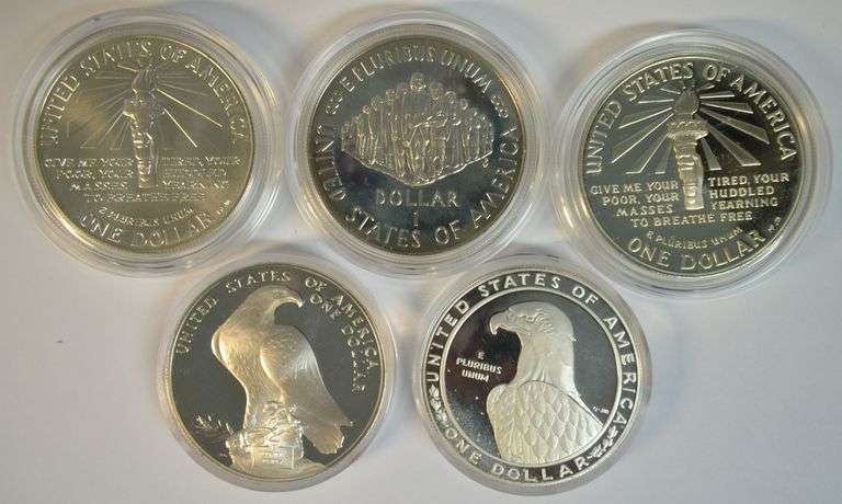 Lot of 5 1983 to 1987 Commemorative Silver Dollars in original capsules