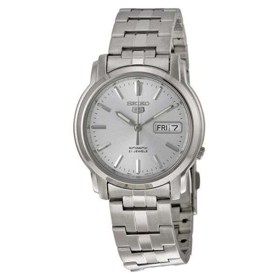 Seiko Men’s Automatic Stainless Steel Watch – Silver Dial, Transparent Case Back, Day-Date Display