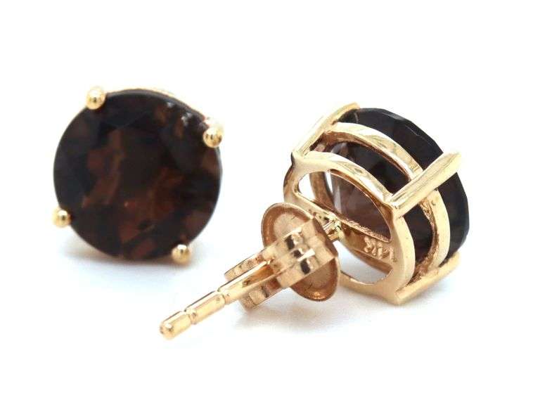 14kt Yellow gold round smokey quartz stud earrings