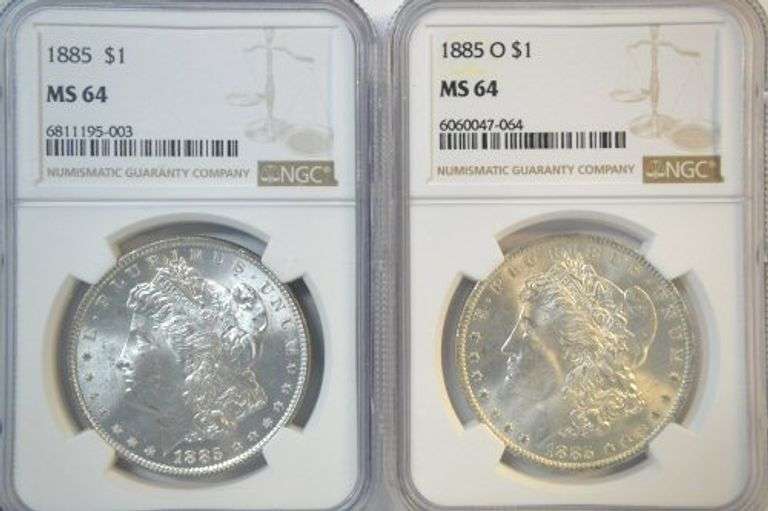 Super white near Gem BU 1885 & 1885-O Morgan Silver Dollars. NGC MS64