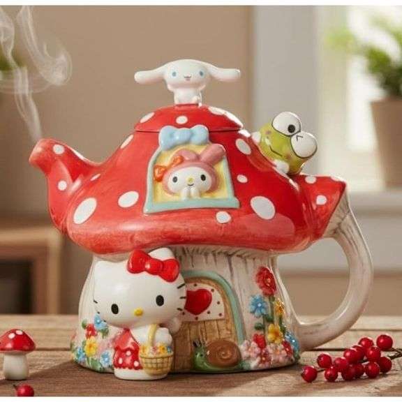 Hello Kitty Mushroom Teapot Hand-Painted Collectible