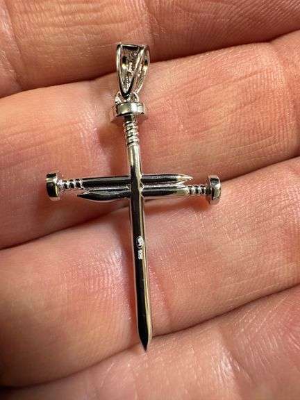 Rhodium Plated 925 Sterling Silver Nail Cross Moissanite Pendant