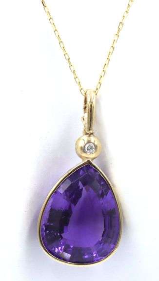 14kt Yellow gold pear shaped amethyst and bezel set diamond enhancer pendant on chain
