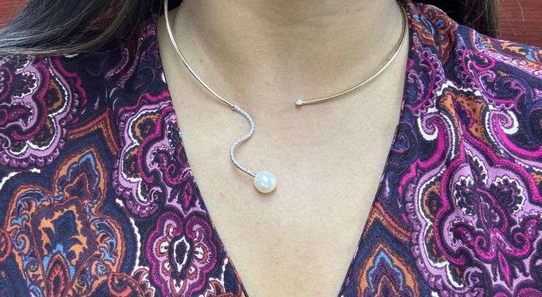 14K YELLOW GOLD DIAMOND PEARL COLLAR CHOKER NECKLACE 1.00CT
