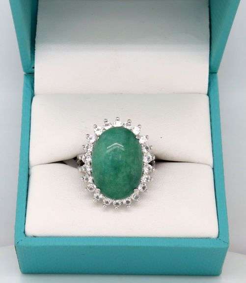 Amazing Large 13.00CTS Oval Cabochon-Cut Emerald & Sapphire Ring in Sterling Silver