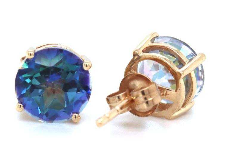 14kt Yellow gold round brilliant cut Mystic topaz stud earrings