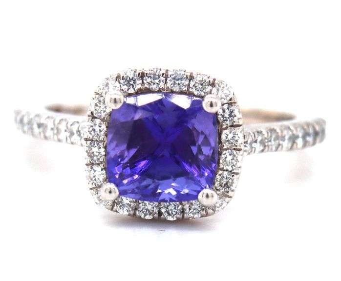 14kt White gold cushion cut Tanzanite and diamond halo ring