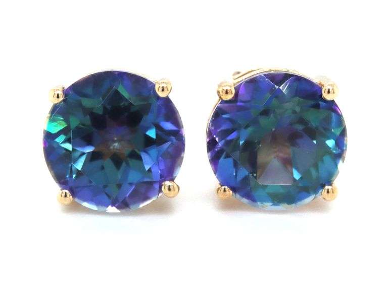 14kt Yellow gold round brilliant cut Mystic topaz stud earrings