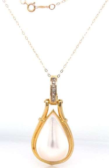 14kt Yellow gold teardrop Mabe pearl and diamond accent enhancer pendant on chain