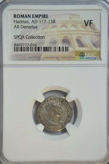 Very Scarce Roman Silver Denarius of Emperor Hardrian, 117-138 AD. NGC VF