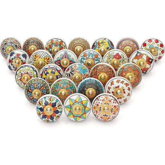 Hand Painted Multicolor Ceramic Cabinet Knobs Set of 25