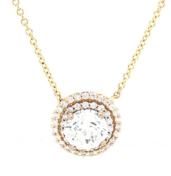 14kt Yellow gold 1ct round brilliant cut diamond with 0.25ctw double halo pendant on chain