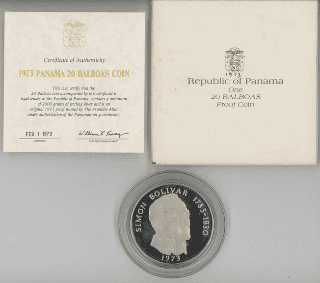 Gem Cameo Proof Large 1973 Panama 20 Balboas Silver Piece. Box/COA