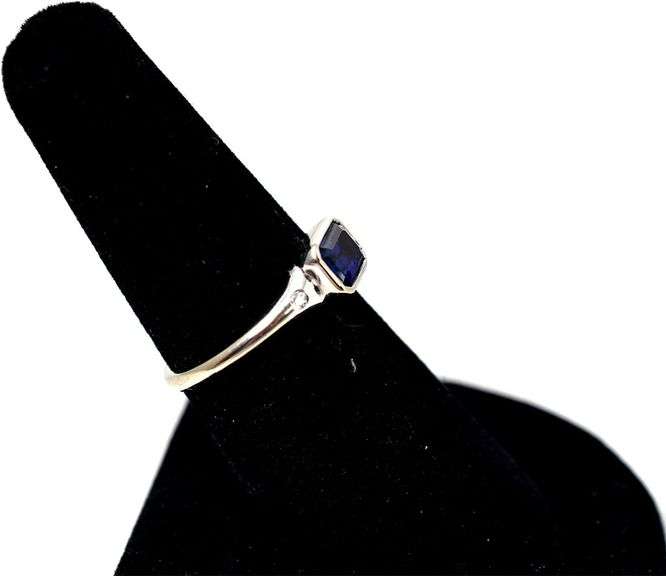 Elegant 14K White Gold Synthetic Sapphire Gemstone Ring with Diamond Accents