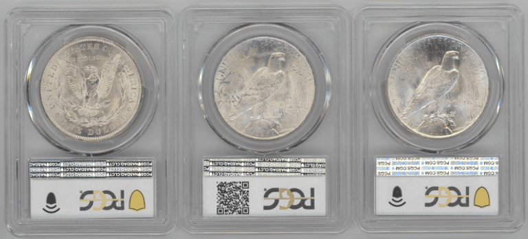 Near Gem BU 1921 Morgan & 1923 & 1925 Peace Silver Dollars. PCGS MS64's