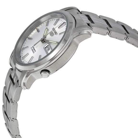 Seiko Men’s Automatic Stainless Steel Watch – Silver Dial, Transparent Case Back, Day-Date Display