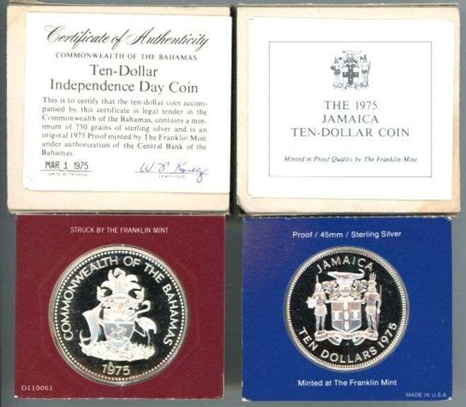 2 Different 1975 $10 Silver Independence Coins: Bahamas and Jamaica