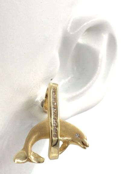 14kt Yellow gold 0.35ctw diamond dolphin jumping through hoop earrings