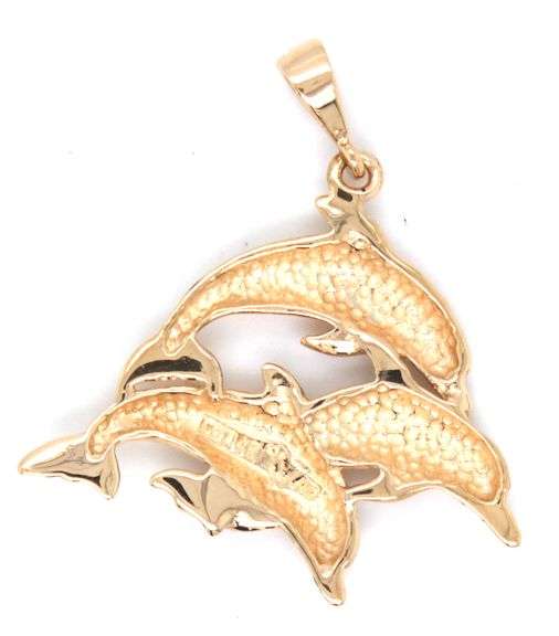 14kt Yellow gold Swimming triple dolphin pendant