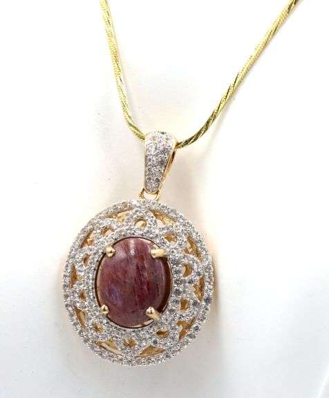 Fabulous Natural No Heat !3.00CTS Oval Cabochon-Cut Star Ruby & 2.45CTW Round Sapphire Pendant Neckl
