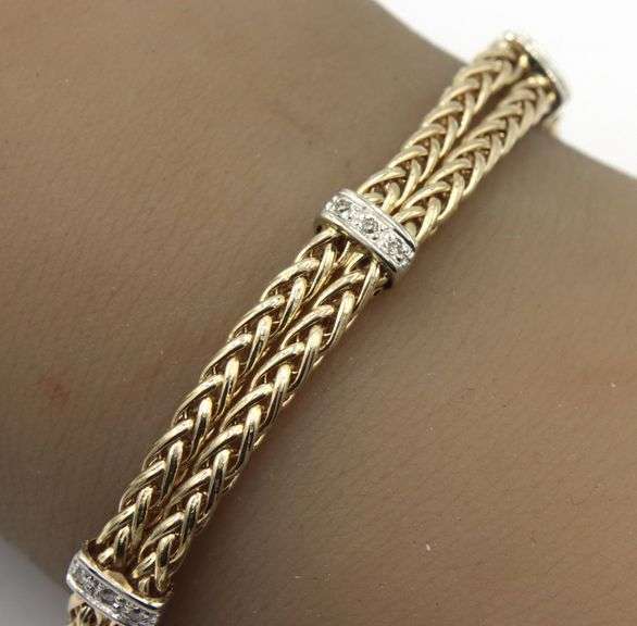 14kt Yellow gold double wheat link bracelet with diamond accents